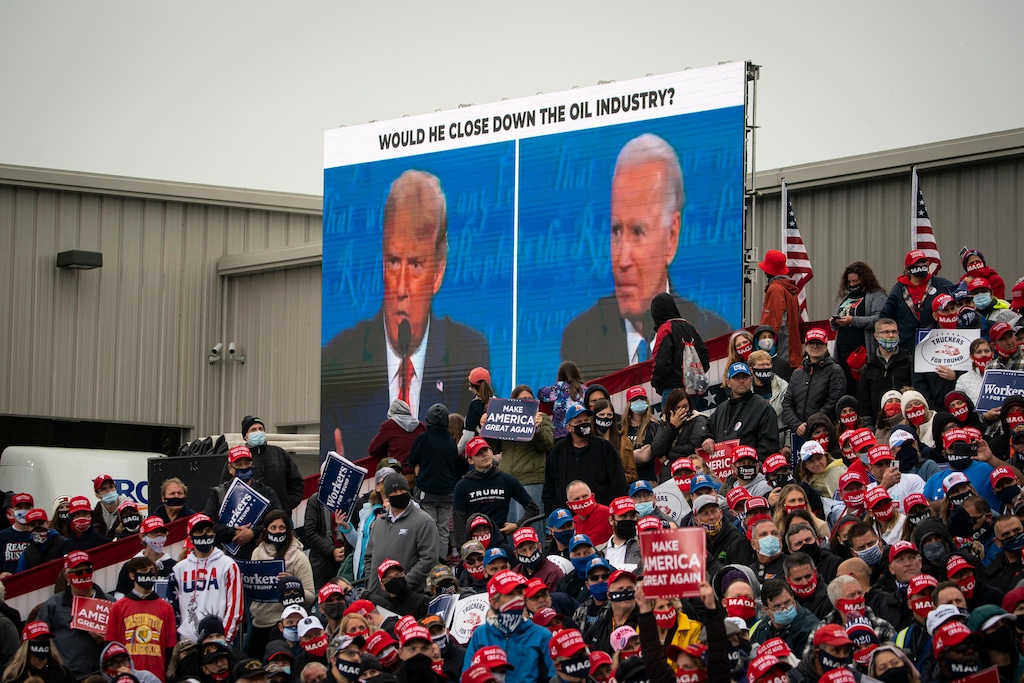 (Al Drago |The New York Times)

A screen shows a video of Democratic presidential nominee President Joe Biden and President Donald Trump during the final presidential debate, at a rally in Allentown, Pa., Oct. 26, 2020. "This year, the changing climate and what to do about it got airtime in both presidential debates and the vice-presidential debate," writes The New York Times columnist Farhad Manjoo.