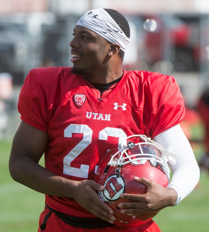 (Rick Egan  |  The Salt Lake Tribune)  University of Utah Running back Armand Shyne  (23), at football practice, Monday, July 31, 2017.


