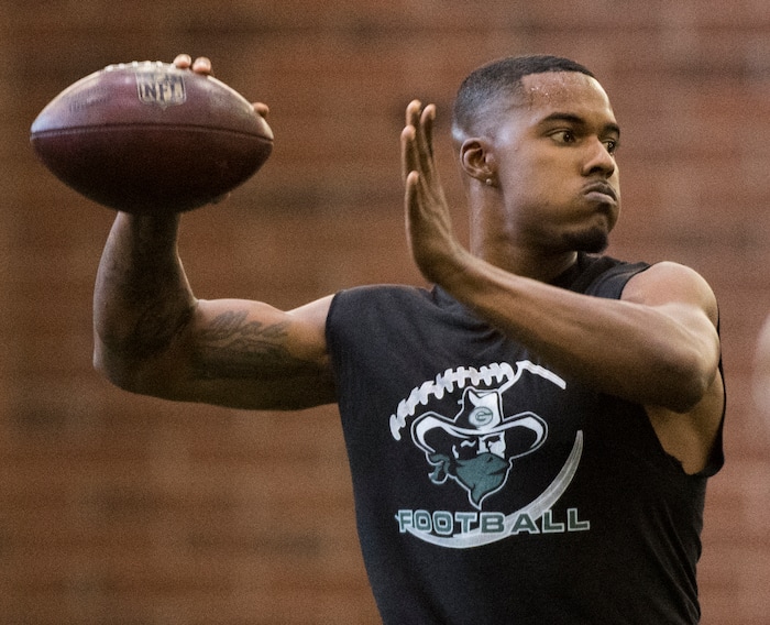 (Rick Egan  |  The Salt Lake Tribune)      Troy Williams throws the ball during University of Utah's 2018 Pro Day for NFL scouts, as Spence Eccles Field House, Wednesday, March 28, 2018.