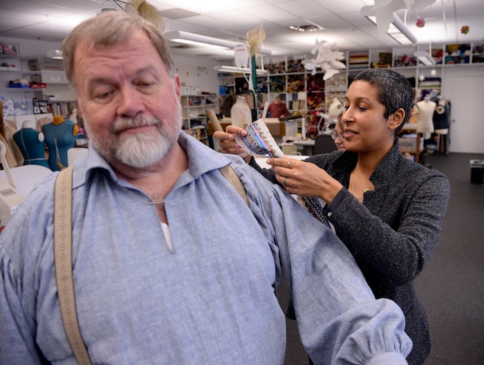 (Al Hartmann  |  The Salt Lake Tribune) 	Scott Tarbet, a member of the chorus in Utah Opera's new production of "Moby-Dick," gets a fitting from costume designer Jessica Jahn.