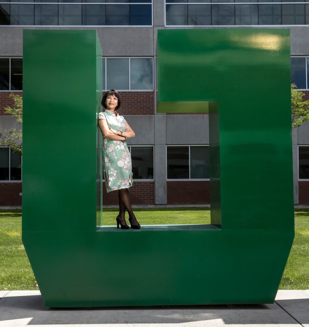 (Photo Courtesy of Jay Drowns/Utah Valley University) Utah Valley University President Astrid S. Tuminez is photographed with students on the UVU campus in Orem, Utah on Wednesday, June 1, 2018.