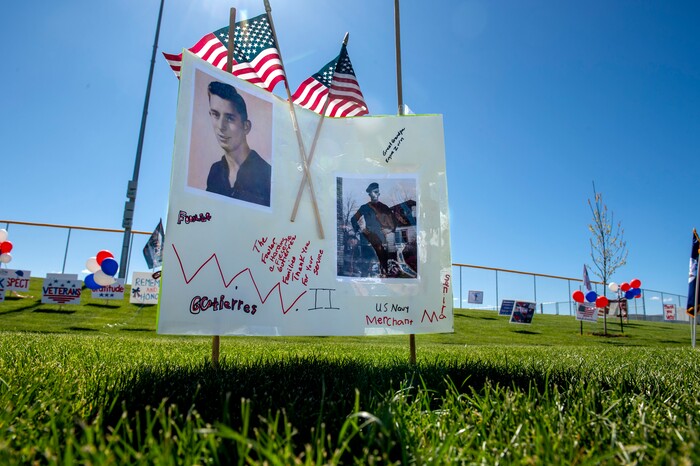 (Leah Hogsten  |  The Salt Lake Tribune) Handmade signs pay tribune to veterans at the Heber City 2020 Memorial Day Drive By Tribute to remember and honor all of our military, past and present, men and women who serve or have served in our Armed Forces, May 25, 2020.