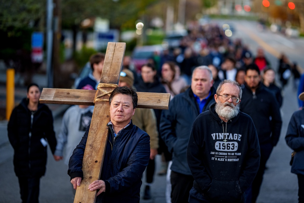 (Trent Nelson  |  The Salt Lake Tribune) Christians march in their annual Good Friday procession in Salt Lake City in April 2025.