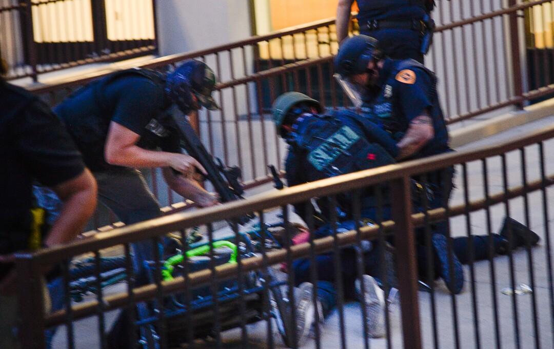 (Francisco Kjolseth  |  The Salt Lake Tribune) Police arrest Jarod Hartlerode after yelling "drop the pipe," multiple times. It is unclear what type of pipe they were referring to. While lying on his stomach an officer shot him in the back with a bean bag as hundreds of protesters took to the streets of Salt Lake City engaging with the police on Saturday, May 30, 2020. The protest was in response to the death of George Floyd in Minneapolis.