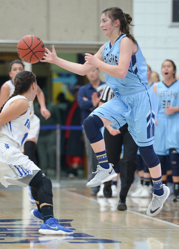 (Leah Hogsten  |  The Salt Lake Tribune)  Westlake's Ashley Parry (04) makes the pass before going out of bounds. Fremont faces Westlake in their semifinal game of the 6A High School Girls' Basketball Tournament at SLCC in Taylorsville, Friday, Feb. 23, 2018. 
