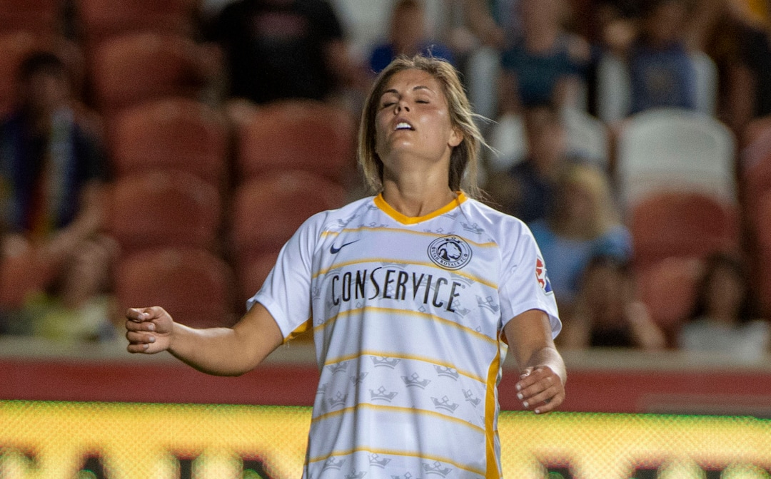 (Rick Egan  |  The Salt Lake Tribune)   Utah Utah Royals FC forward Katie Stengel (24) reacts after narrowly missing a goal late in the game, as the Royal fall to the Reign 0-2, in soccer action between Utah Royals FC and Seattle Reign FC in Sandy, Friday, June 28, 2019.