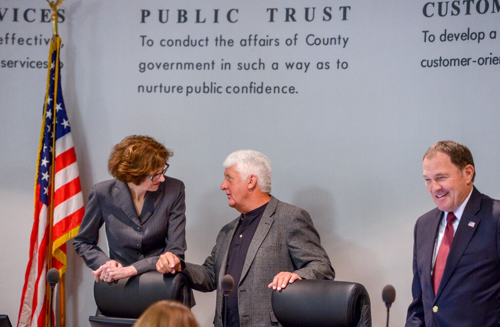 Leah Hogsten | The Salt Lake Tribune l-r Susan Combs, the Interior Department's Acting Assistant Secretary for Policy, Management and Budget talks with U.S. Representative for Utah's 1st congressional district and U.S. House Committee on Natural Resources Chairman Rob Bishop, prior to meeting with Governor Gary Herbert, right, Utah representatives, Weber County elected leaders and a business owner during a panel discussion in Ogden, Aug. 28, 2018 to hear how the Department of Interior reorganization could benefit Utah.