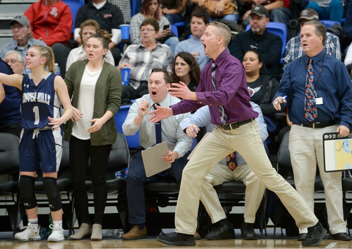 (Leah Hogsten  |  The Salt Lake Tribune)  Copper Hills' head coach Ben Morley reacts to a call. Bingham defeated Copper Hills 48-40 in their semifinal game of the 6A High School Girls' Basketball Tournament at SLCC in Taylorsville, Friday, Feb. 23, 2018. 