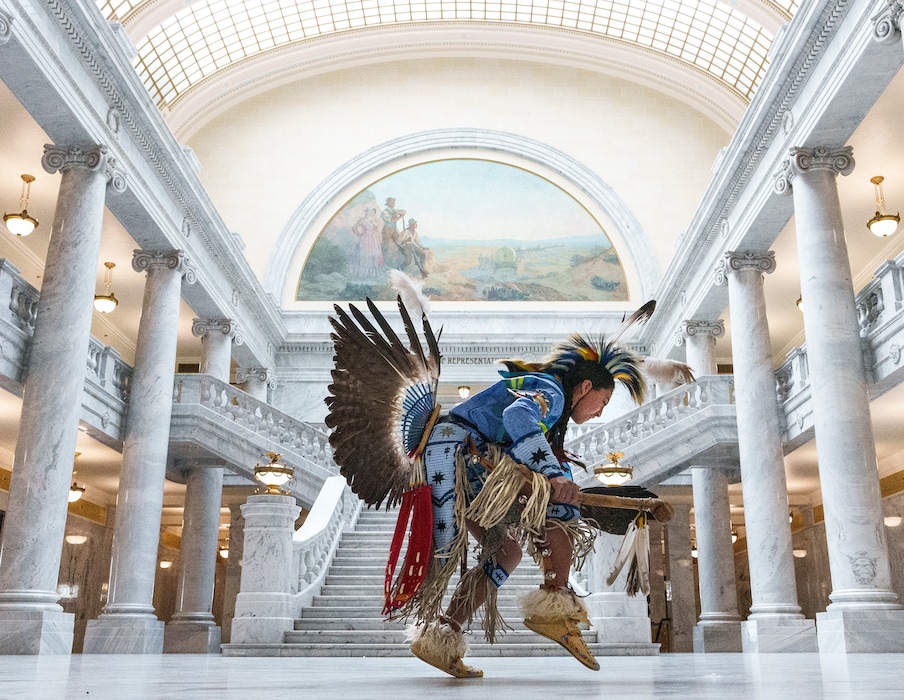 (Leah Hogsten | The Salt Lake Tribune)  Odie Trujillo, a Northern Ute Indian Tribe traditional youth dancer performs in the Utah Capitol rotunda as part of the Utah School Boards Association activities, Feb. 22, 2022. 