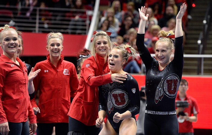 Scott Sommerdorf | The Salt Lake Tribune
Utah's MyKayla Skinner and team mates react to her 10.00 score in the floor exercise. Utah outscored Stanford 197.500 to 196.275, Friday, March 3, 2017. 