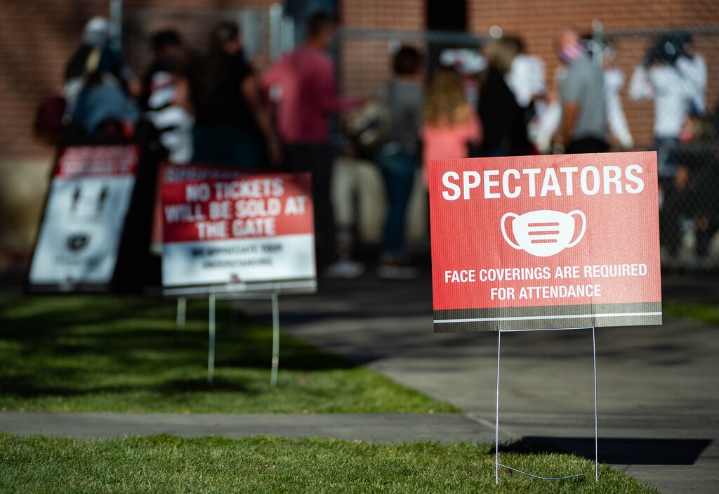 (Francisco Kjolseth  |  The Salt Lake Tribune) American Fork hosts Copper Hills in boys football on Friday, Oct. 30, 2020, where the school requires people to wear masks at the game and tickets were had to be purchased in advance.