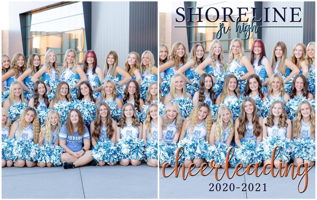 (Shoreline Junior High School) These photos show two versions of a cheerleading group photo; one that included a student with Down Syndrome, and another that excluded her and was used in the yearbook.