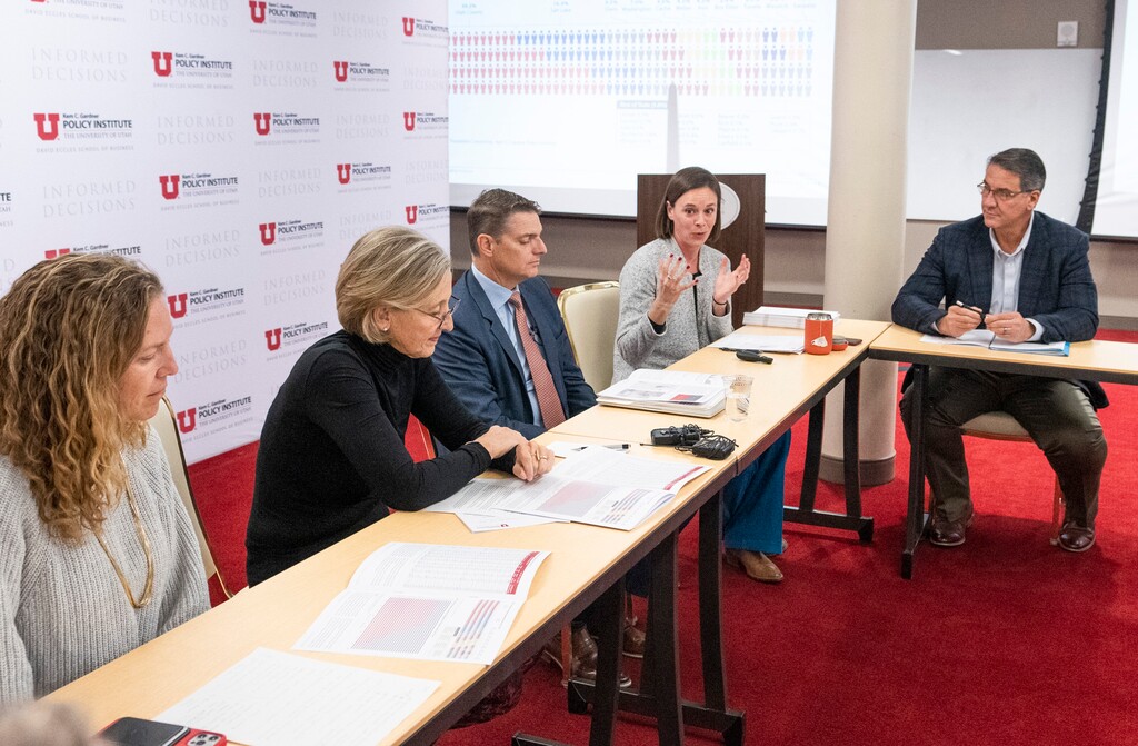 (Leah Hogsten | The Salt Lake Tribune) Mallory Bateman, second from right, the Kem C. Gardner Policy Institute's Utah Population Committee chair, discusses Utah's latest population estimates. The institute is helping to fund a data position at The Salt Lake Tribune.
