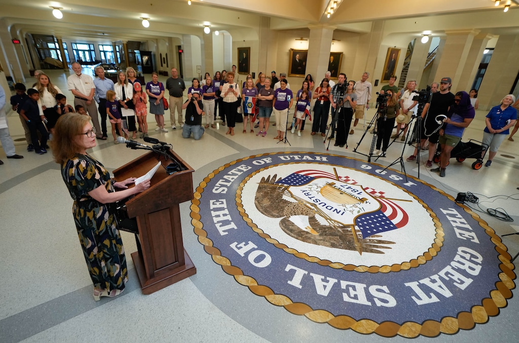 (Francisco Kjolseth  |  The Salt Lake Tribune) Victoria Reid, a plaintiff in the redistricting case, speaks at the Utah Capitol in 2024.