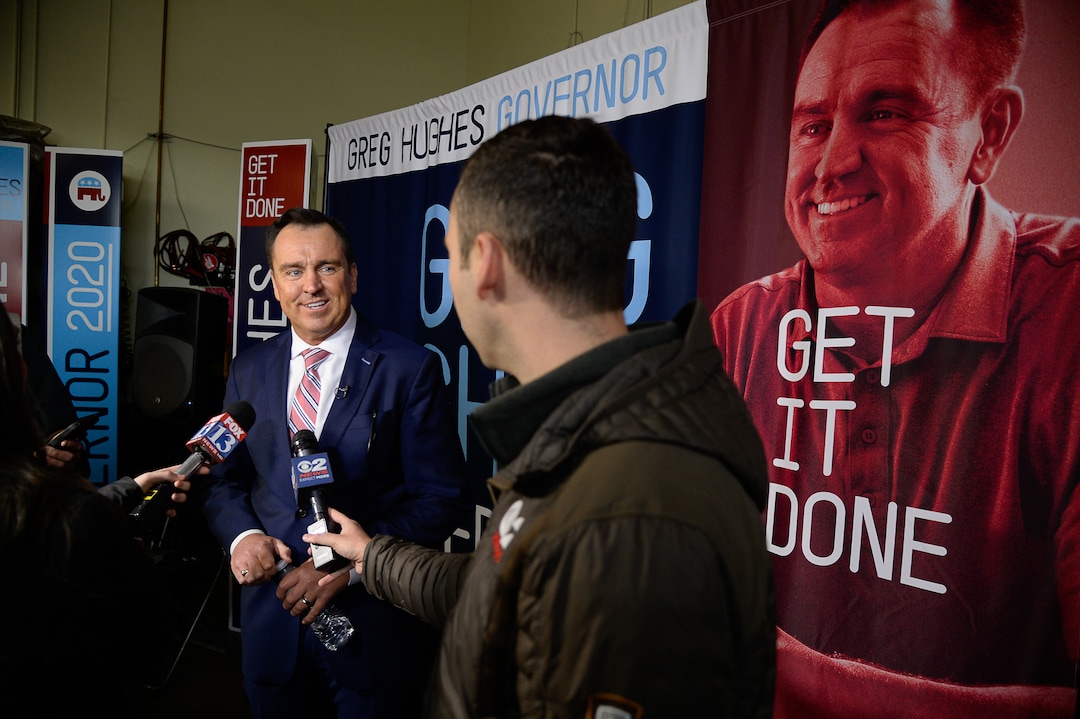 (Francisco Kjolseth  |  The Salt Lake Tribune) Former House Speaker Greg Hughes speaks with the media as he announces his campaign for governor at Dee's Automotive in Murray on Wednesday, Jan. 8, 2020.