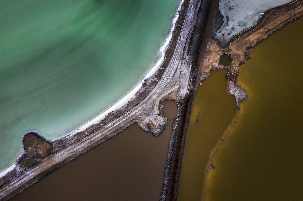 (Leah Hogsten | The Salt Lake Tribune) Aerial photographs of Compass Minerals in Ogden, April 11, 2022, producing salt, sulfate of potash and magnesium chloride from the Great Salt Lake. A recent audit found that the mineral extraction companies on the Great Salt Lake haven't paid correct royalties to the state for years.