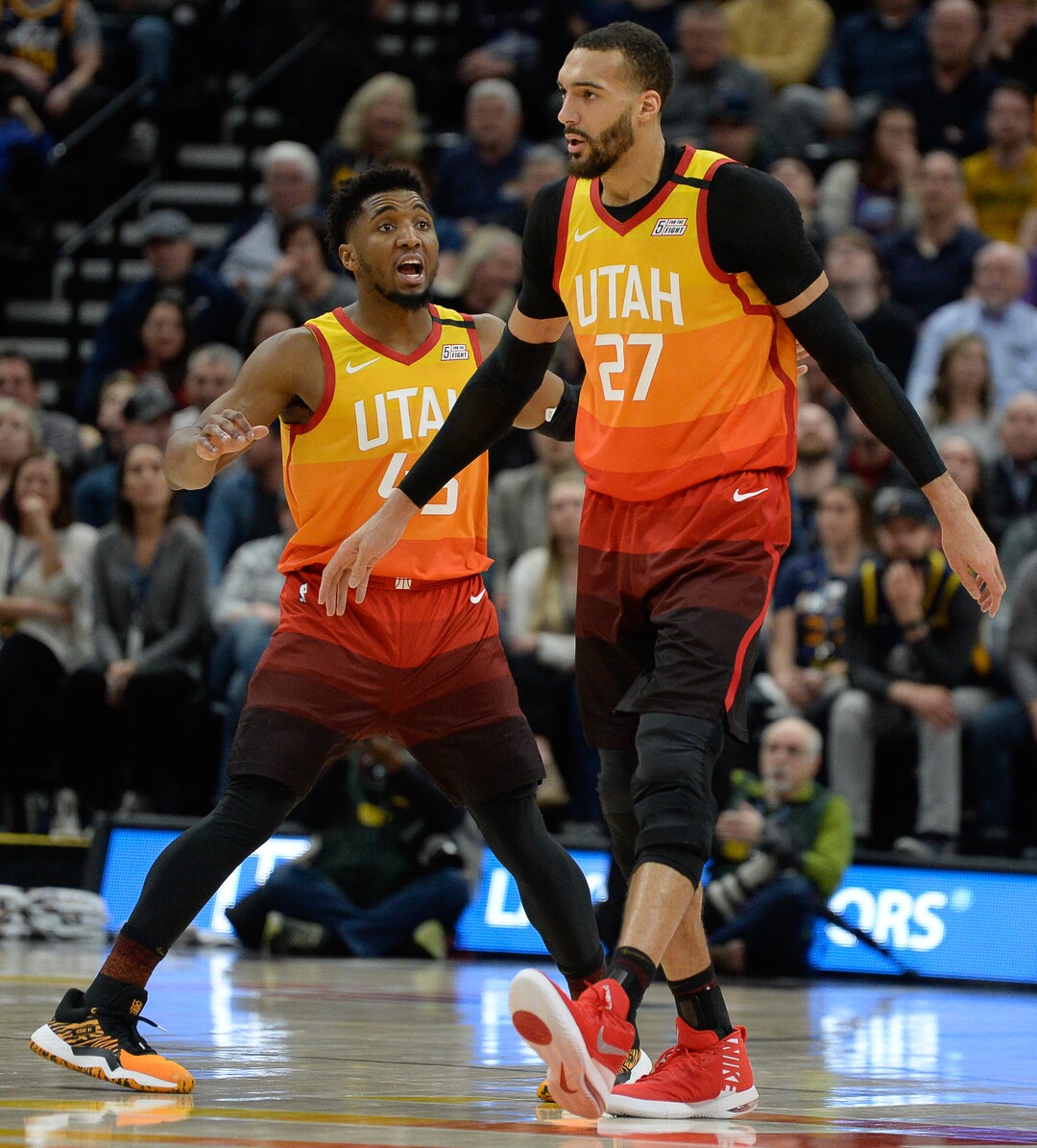 (Francisco Kjolseth  |  The Salt Lake Tribune) Utah Jazz guard Donovan Mitchell (45) tries to talk Utah Jazz center Rudy Gobert (27) down from arguing a call as the Utah Jazz host the Miami Heat in their NBA basketball game at Vivint Smart Home Arena in Salt Lake City on Wednesday, Feb. 12, 2020.