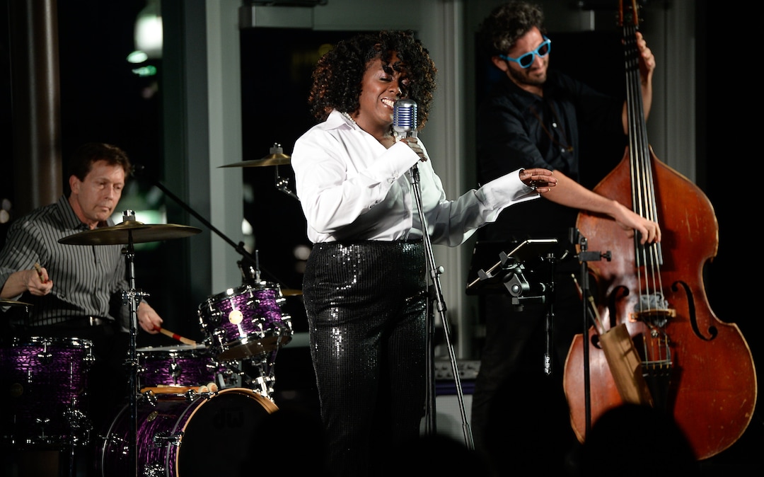 (Francisco Kjolseth  |  The Salt Lake Tribune) Dee-Dee Darby-Duffin, Salt Lake City jazz singer and actress, sings at the Gallivan Center on Wednesday, March 11, 2020.