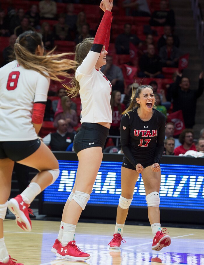 (Scott Sommerdorf   |  The Salt Lake Tribune)   Brianna Doehrmann celebrates with team mates after a second set point. Utah beat Purdue three sets to one in the second round of the NCAA volleyball tournament, Friday, December 1, 2017.  