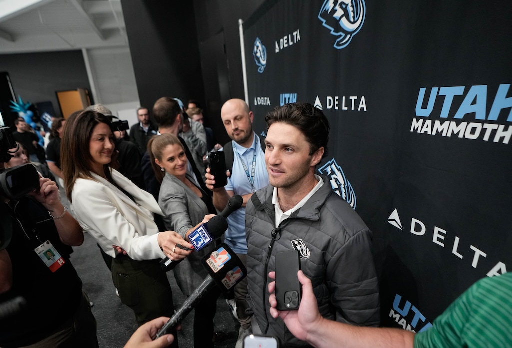 (Francisco Kjolseth  | The Salt Lake Tribune) Utah Mammoth captain Alexander Kerfoot is interviewed during a tour of the Utah Mammoth 146,000-square-foot practice and training facility at the southeast end of The Shops at South Town in Sandy, Wed. Sept. 17, 2025. 
