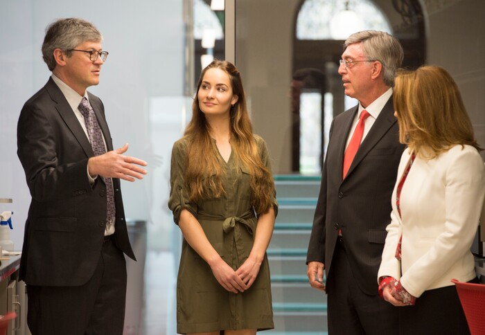 (Rick Egan  |  The Salt Lake Tribune)     Markus Babst, Interim director of Eyring Center for Cell and Genome Science And Professor of Biology gives a tour of one of the new labs to Zoe Praggastif, graduate student, and Gary and Ann Crocker, at the opening of the new Gary and Ann Crocker Science Center at the University of Utah, Thursday, April 19, 2018.


