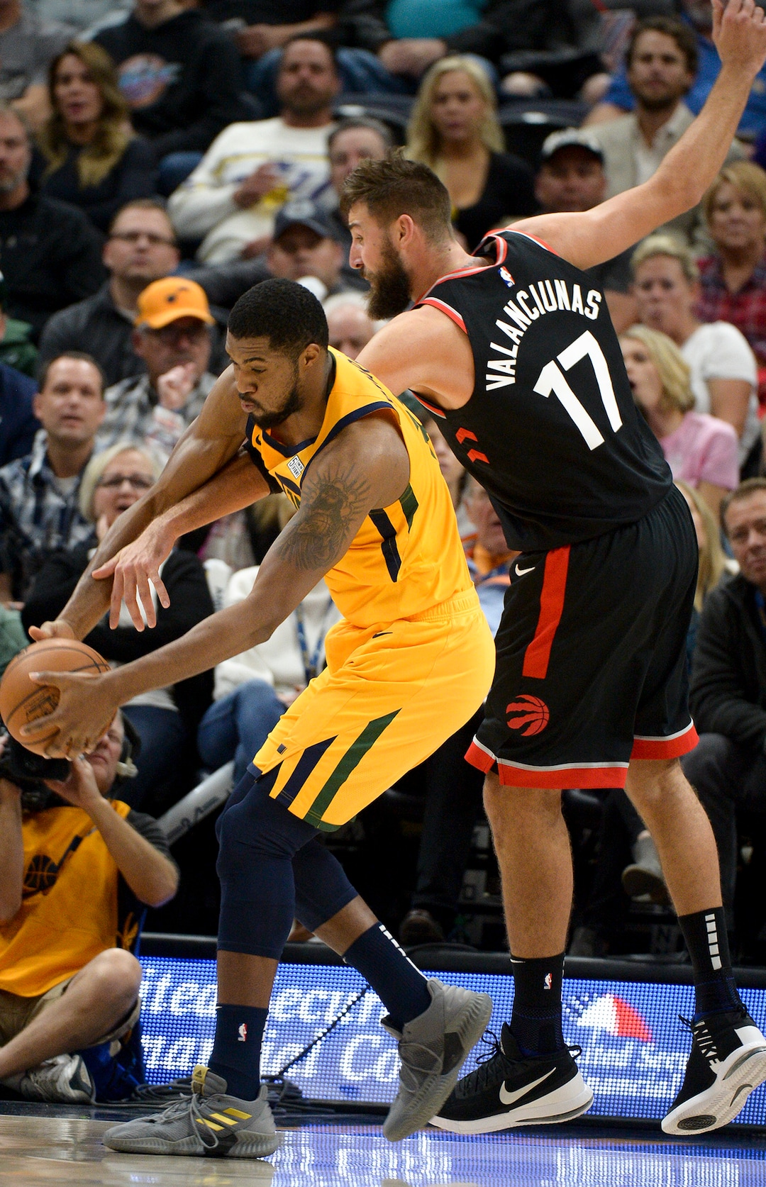 Leah Hogsten  |  The Salt Lake Tribune  Utah Jazz forward Derrick Favors (15) pulls in the rebound as the Utah Jazz host the Toronto Raptors, Monday, Nov. 5, 2018 at  Vivint Smart Home Arena.