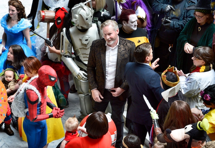 (Scott Sommerdorf | The Salt Lake Tribune) FanX Salt Lake Comic Convention co-founders Dan Farr, center left, and Bryan Brandenburg visit with fans in the Utah Capitol Rotunda, Wednesday, April 11, 2018.