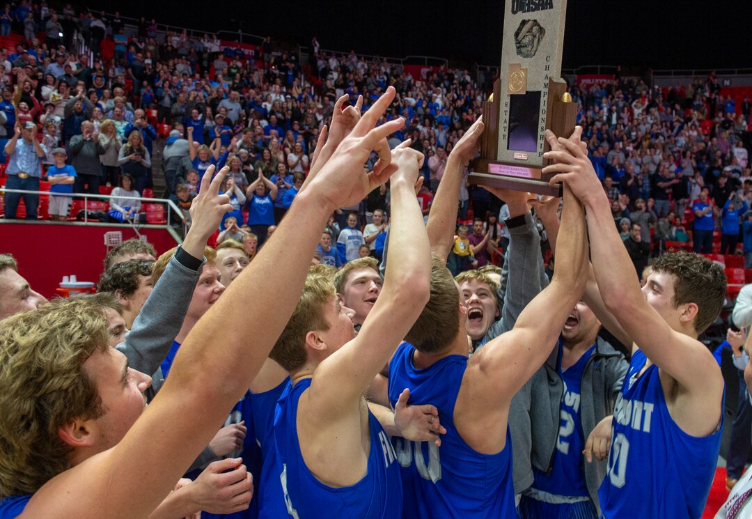 (Rick Egan  |  The Salt Lake Tribune)    The Fremont Silverwolves celebrate their 55-52 win over the Davis Darts, in the 6A basketball championship game at the Jon M. Huntsman Center, Saturday Feb. 29, 2020