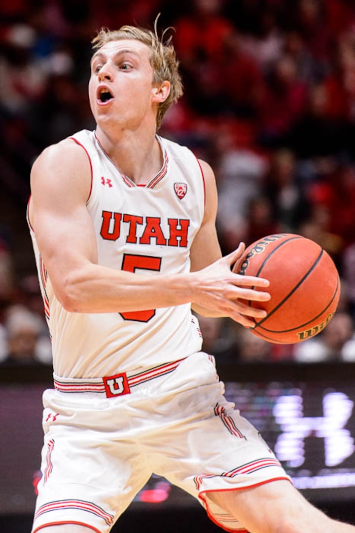 (Trent Nelson | The Salt Lake Tribune)  Utah Utes guard Parker Van Dyke (5) as the University of Utah hosts USC, NCAA basketball at the Huntsman Center in Salt Lake City, Saturday Feb. 24, 2018.