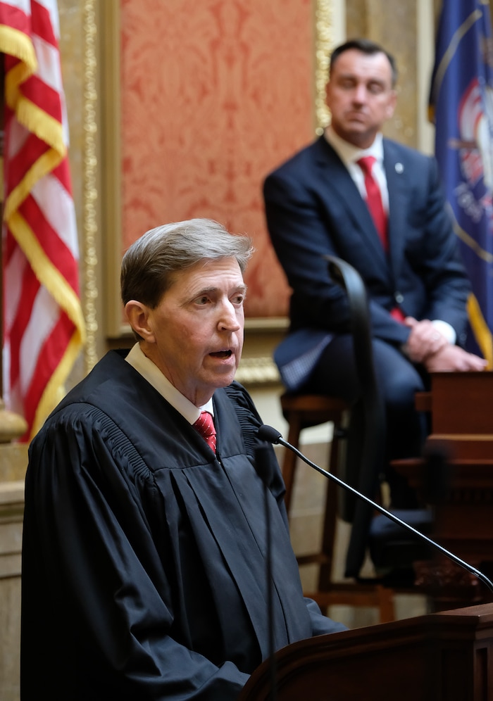 (Francisco Kjolseth | The Salt Lake Tribune) Utah Supreme Court Chief Justice Matthew B. Durrant gives the state of the judiciary speech, as speaker Greg Hughes and the House chamber listen in on the first day of the 2018 legislative session at the Utah Capitol on Monday, Jan. 22, 2018.