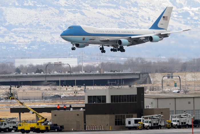 (Steve Griffin  |  The Salt Lake Tribune) Air Force One lands at the Salt Lake International Airport as Prudent Trump visits in Salt Lake City Monday December 4, 2017.
