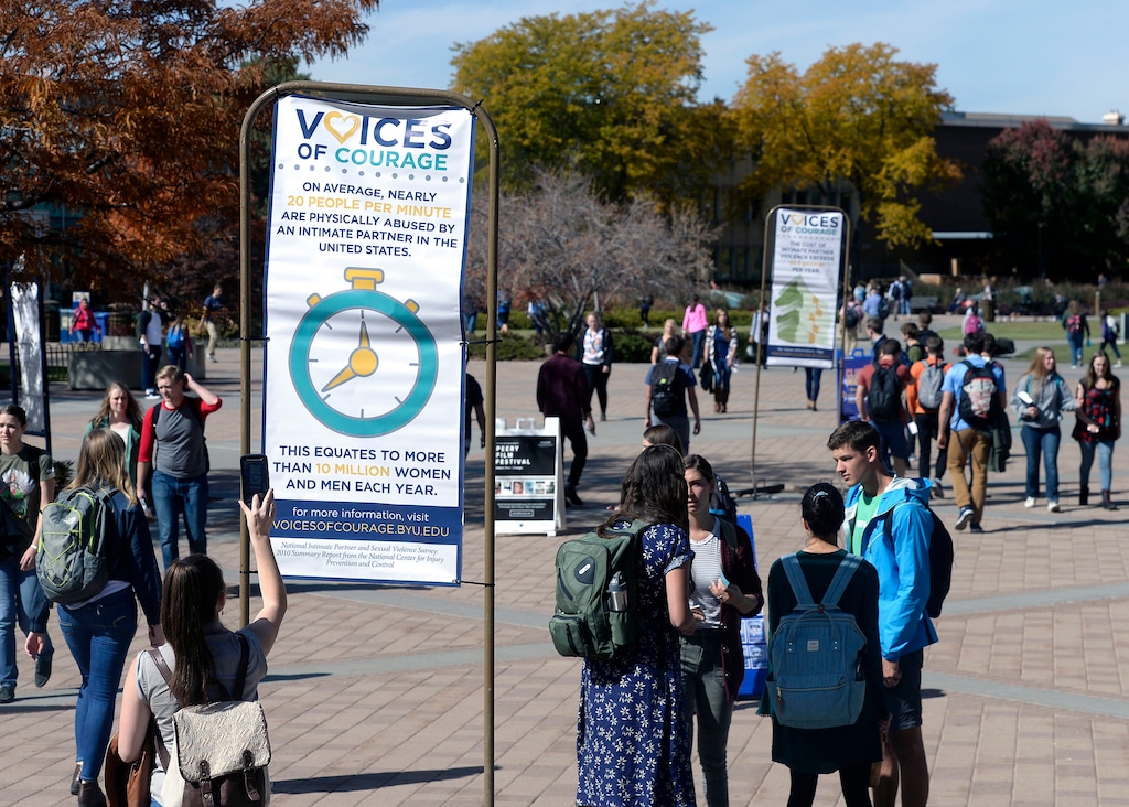 (Al Hartmann  |  The Salt Lake Tribune) 	
An awareness gallery on Brigham Square at Brigham Young University displayed facts about sexual violence during Voices of Courage week in October. Results from a campus climate survey released Thursday show many students say they have not been trained about BYU’s sexual assault policies, how to report an assault, the legal definition of assault, the services available to victims or how to intervene as a bystander.