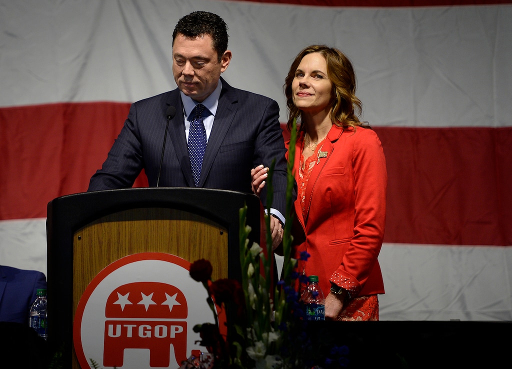 (Scott Sommerdorf | The Salt Lake Tribune) U.S. Senator Jason Chaffetz with his wife Julie at his side, paused to compose himself as he was talking about what an honor it was for him to represent Utah as he spoke at the Utah Republican Party Organizing Convention, Saturday, May 19, 2017.