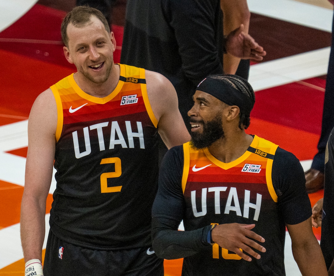 (Rick Egan | The Salt Lake Tribune) Utah Jazz guard Joe Ingles (2) shares a laugh with Utah Jazz guard Mike Conley (10), during a break in the action, in game 2 of NBA Playoffs at Vivint Arena, on Wednesday, May 26, 2021.