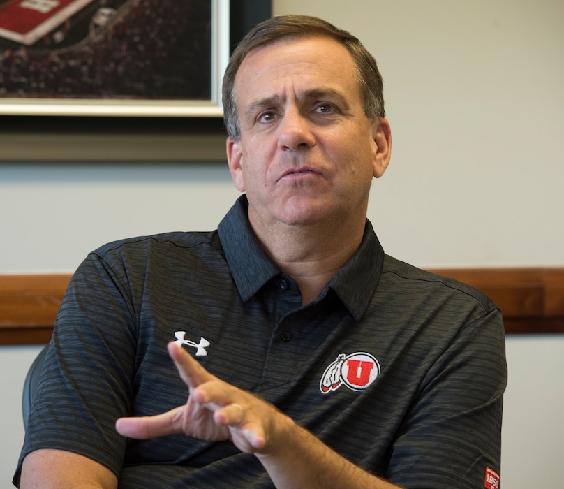 (Rick Egan  |  The Salt Lake Tribune)    Mark Harlan talks about his first week on the job as Athletic Director at the University of Utah in his new office at the Huntsman Center, Friday, June 29, 2018.