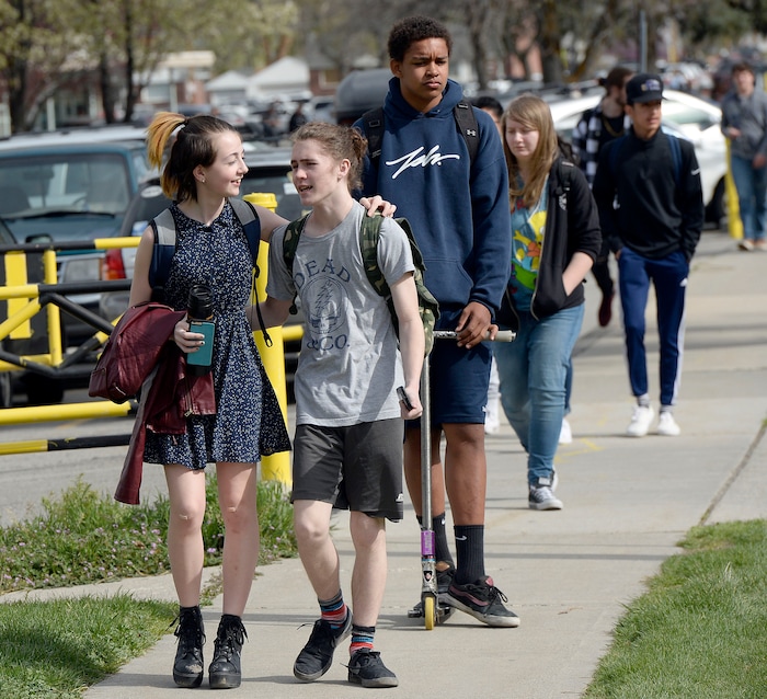 (Al Hartmann  |  The Salt Lake Tribune) 	
Over one hundred students at Highland High School staged a walkout Friday April 20, 2018 in honor of the anniversary of the Columbine High School massacre. Demonstrators walked from the school to Sugar House Park where they made posters, wrote letters to their congressmen and listened to speakers. 
