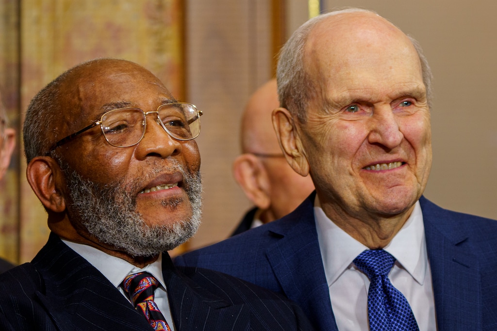 (Trent Nelson  |  The Salt Lake Tribune) Amos C. Brown and LDS Church President Russell M. Nelson during the announcement of new joint initiatives with the NAACP in Salt Lake City on Monday, June 14, 2021.