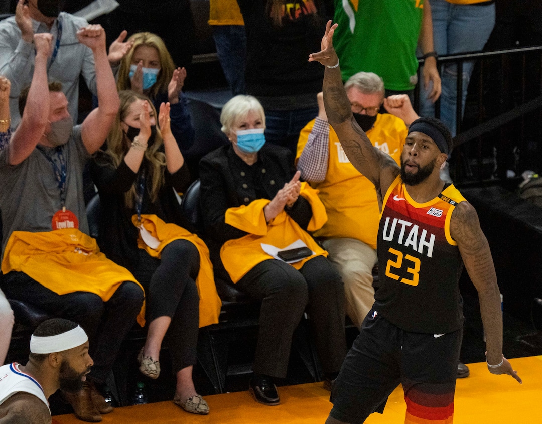 (Rick Egan | The Salt Lake Tribune) Utah Jazz forward Royce O'Neale (23) reacts after hitting a big 3-pointer putting the Jazz up by 7, late in the 4th quarter, in second round playoff action in game 2 between the Utah Jazz and the LA Clippers, at Vivint Arena, on Thursday, June 10, 2021.