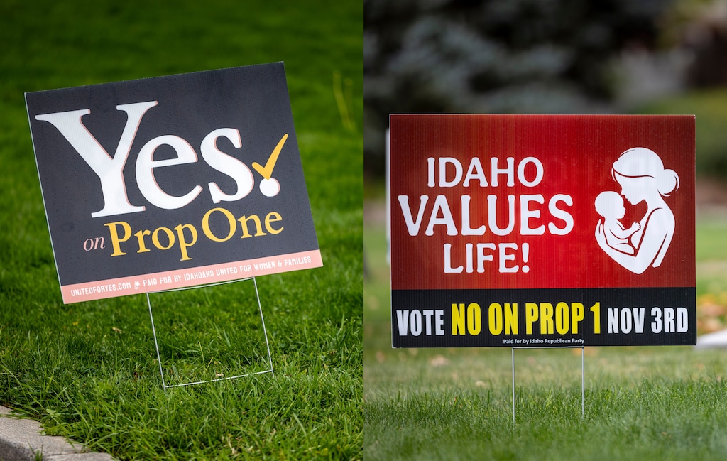 (Drew Nash | The Times-News and Special to The Tribune) Signs supporting and opposing Proposition 1 to expand abortion access are displayed on Tuesday, Oct. 13, 2026, in Twin Falls, Idaho.