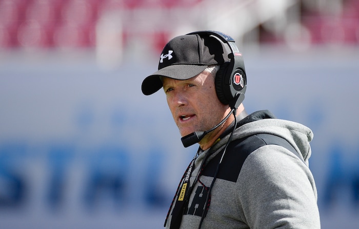 (Francisco Kjolseth  |  The Salt Lake Tribune)  University of Utah head coach Kyle Whittigham keeps an eye on his team as the Utah Utes hold their first of two major scrimmages of spring practice at Rice Eccles stadium on Saturday, March 30, 2019, prior to the April 13 Red-White Game. 