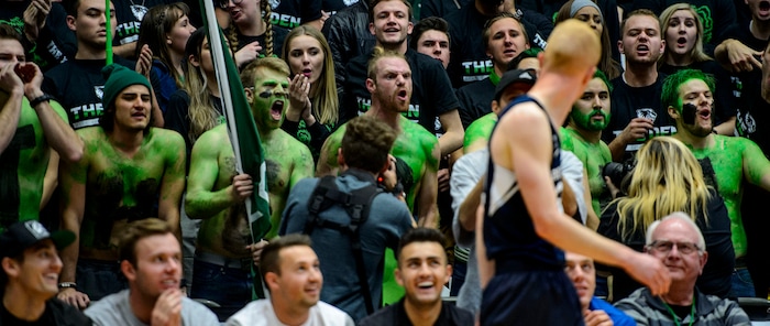 (Steve Griffin  |  The Salt Lake Tribune) The UVU student body lets Brigham Young Cougars guard TJ Haws (30) have an earful during the BYU versus UVU basketball game at UCCU Center on the UVU campus in Orem Wednesday November 29, 2017.