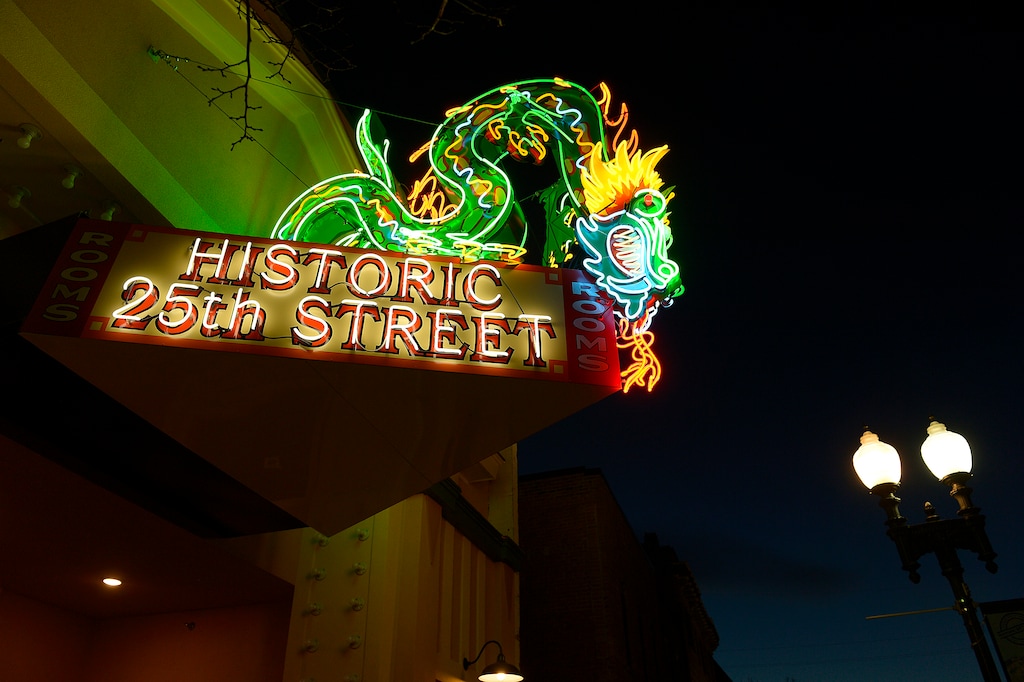 Leah Hogsten | The Salt Lake Tribune
The neon dragon sign that hung at the Star Noodle restaurant in Ogden for decades has been completely refurbished and was re-hung on Friday. The former Star Noodle dragon sign stood watch over 25th Street in Ogden, Utah, for more than five decades and is a recognizable icon to longtime Ogden residents as well as visitors. In 2008, the sign was taken down for the purpose of renovation.
The sign is the original design built by YESCO in the 1950s with 250 feet of neon and 58 smaller lights. YESCO was contracted to refurbish the sign and the entire structure was completely sanded down to the original structure and meticulously refurbished to its original glory.