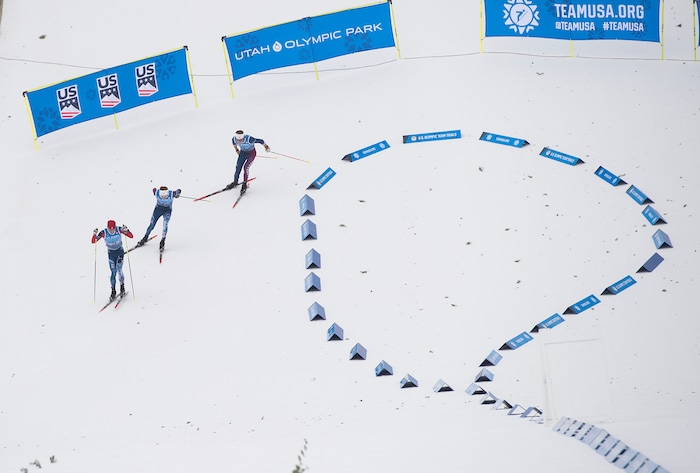 (Scott Sommerdorf   |  The Salt Lake Tribune)   
Bryan Fletcher leads this group out of a turn during the Nordic Combined 10K cross country race. Fletcher won the Nordic Combined Olympic Trials in Park City, Saturday, December 30, 2017.