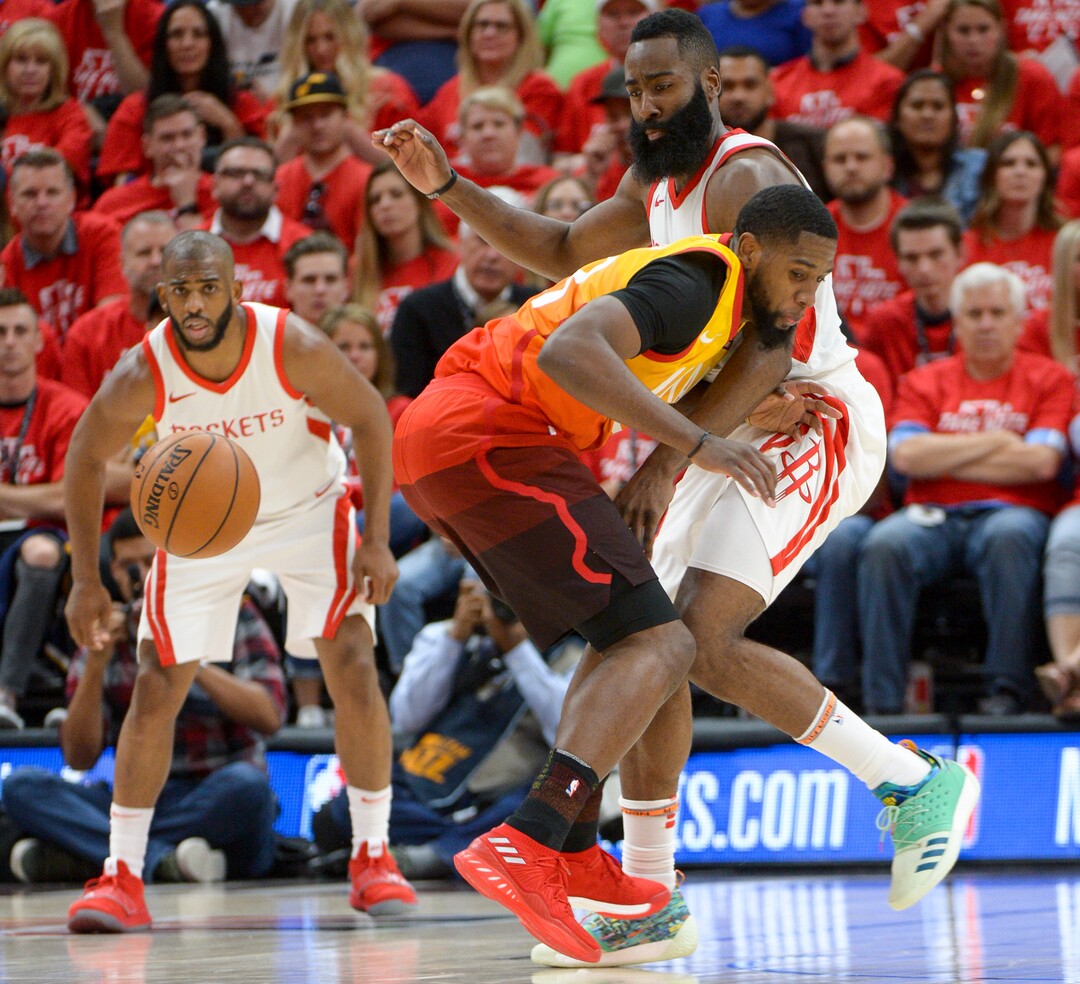 (Leah Hogsten  |  The Salt Lake Tribune)  Houston Rockets guard James Harden (13) knocks the ball away from Utah Jazz forward Royce O'Neale (23) The Houston Rockets defeated the Utah Jazz 113-92 in Game 3 of an NBA basketball second-round playoff series Friday, May 4, 2018 in Salt Lake City.