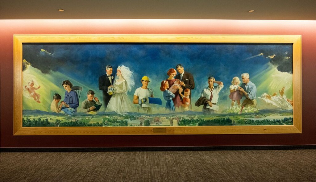(Courtesy of Brigham Young University-Idaho)
This "Purpose of Life" mural, which appeared in the Mormon Pavilion at the New York World's Fair in the mid-1960s, is now on display at the BYU-Idaho Center.