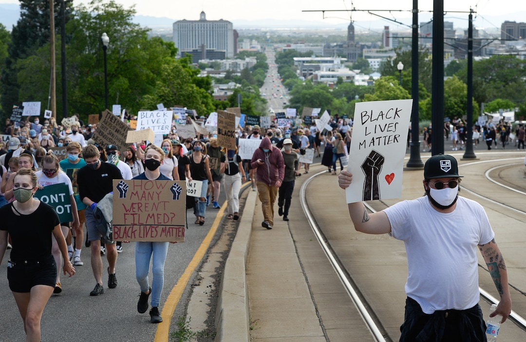 (Francisco Kjolseth  |  The Salt Lake Tribune) Demonstrators protesting against police brutality make their way to the University of Utah on Wednesday, June 3, 2020, in Salt Lake City, as the initially set 8 p.m. weeklong curfew was removed.