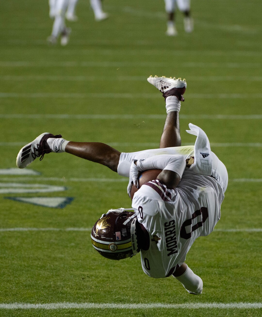 (Francisco Kjolseth  |  The Salt Lake Tribune) Texas State Bobcats cornerback Jarron Morris (0) pics off a pass intended for BYU but is called for pass interference as BYU takes on Texas State during an NCAA college football game at LavVell Edwards Stadium, Saturday, oct. 24, 2020, in Provo, Utah.