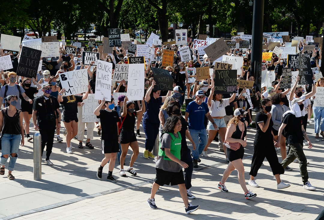 (Francisco Kjolseth  |  The Salt Lake Tribune) Demonstrators protest against police brutality on Wednesday, June 3, 2020, in downtown Salt Lake City, as the initially set 8 p.m. weeklong curfew was removed.
