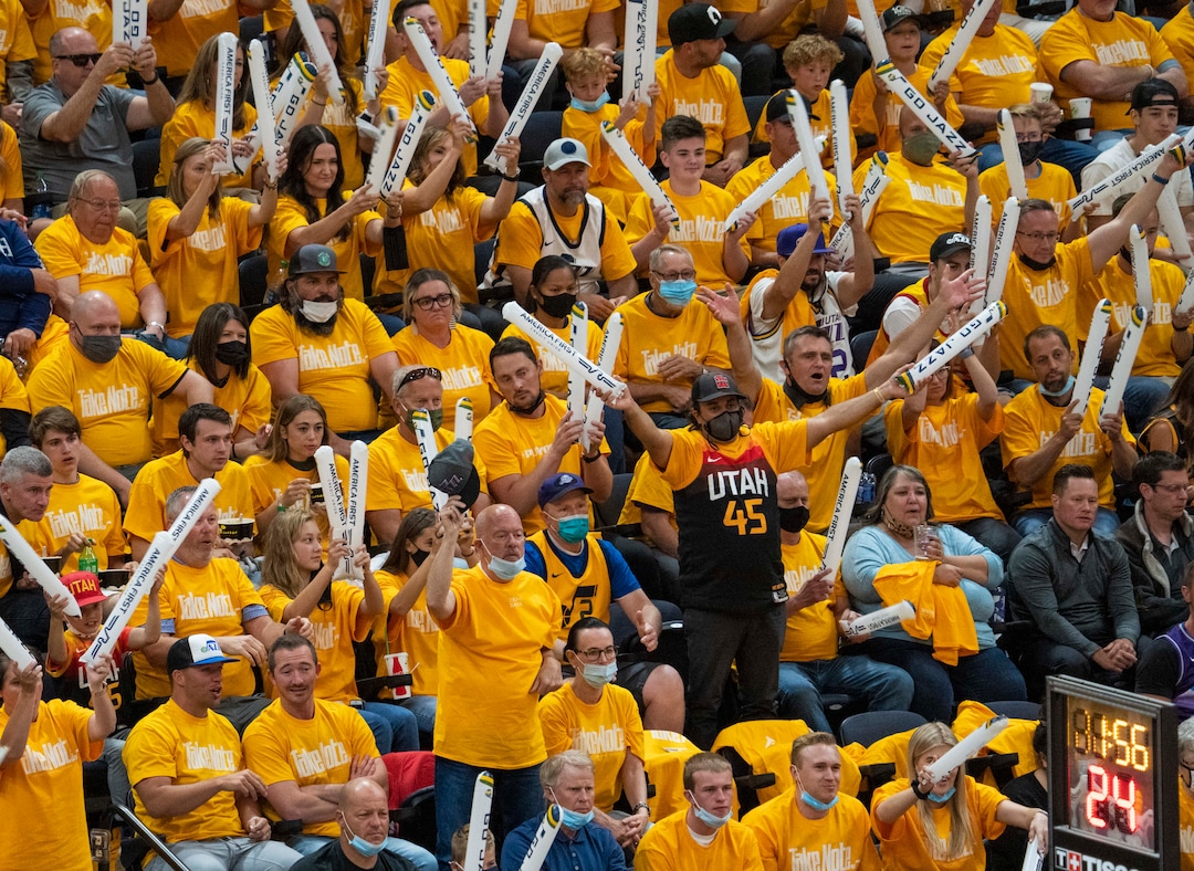 (Rick Egan | The Sala Lake Tribune) Jazz fans cheer as the Clippers attempt a free throw during Game 2 of the Western Conference Semifinals at Vivint Arena, Thursday, June 10, 2021.