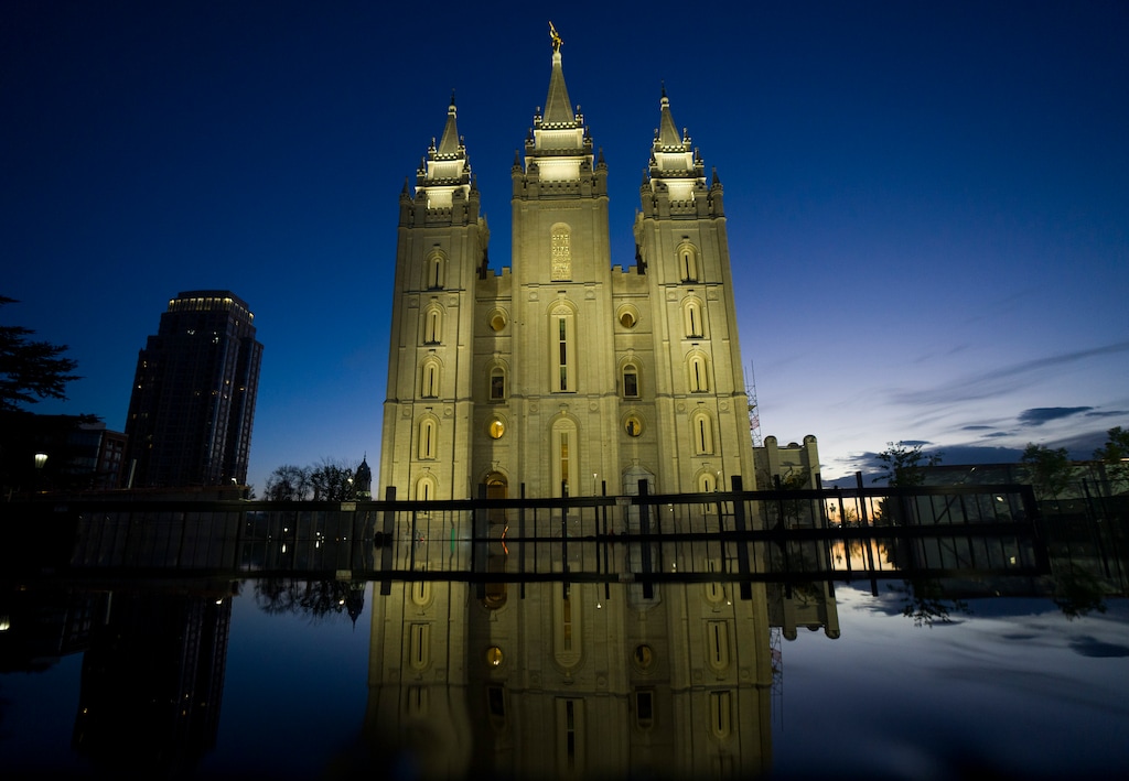 (Bethany Baker | The Salt Lake Tribune) Lights illuminate the Salt Lake Temple in April. Tickets to tour the renovated pioneer-era building soon will be available online.